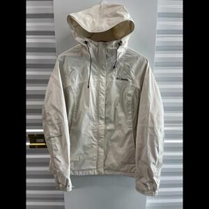 COLUMBIA OMNITECH HOODED LIGHT SKIJACKET XL WOMENS WHITE/BEIGE/TAN RAINCOAT